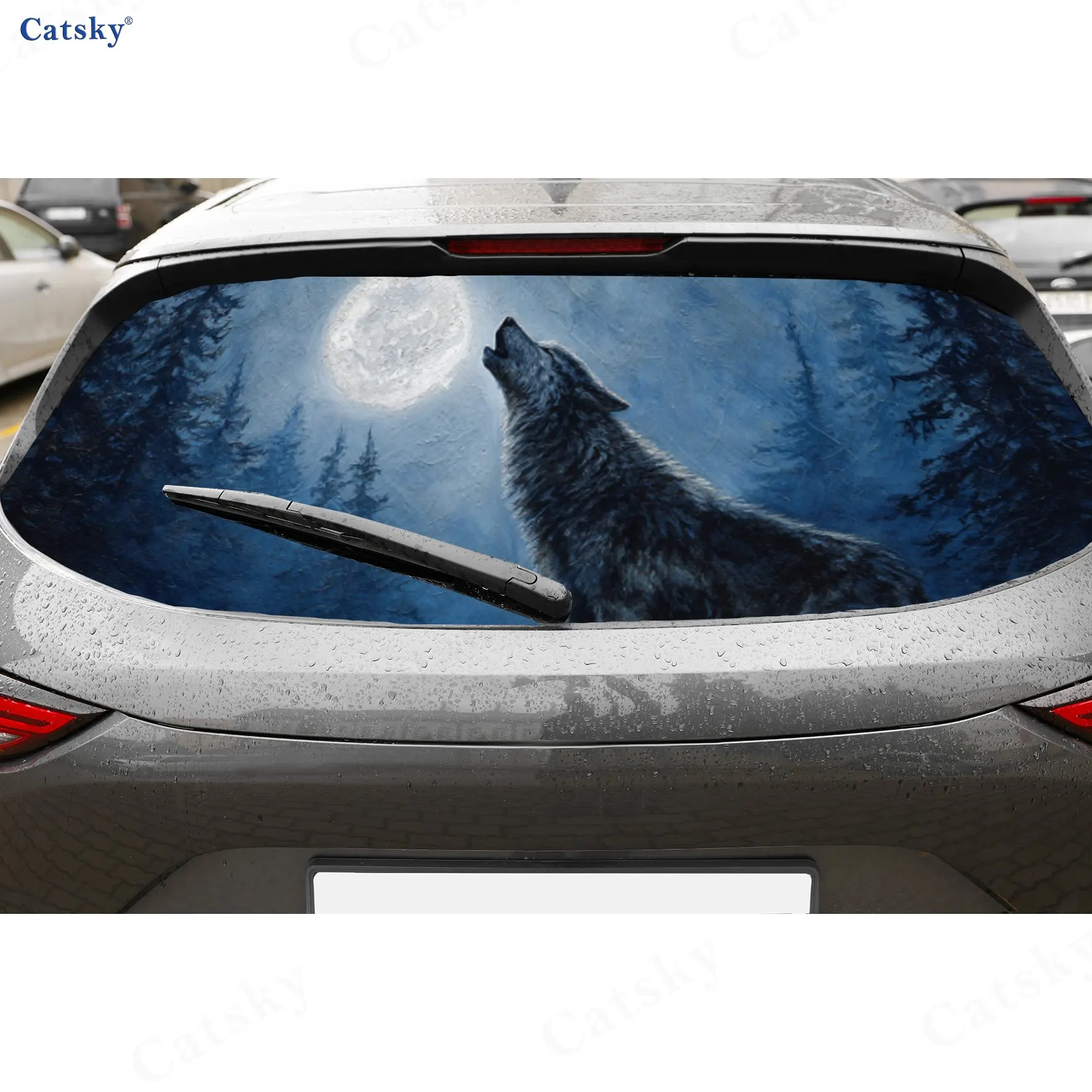 

Moonlit Wolf Howl Adventure ПВХ перфорированные автомобильные виниловые обертки, прочная наклейка на заднее лобовое стекло автомобиля, водонепроницаемая наклейка на заднее окно автомобиля
