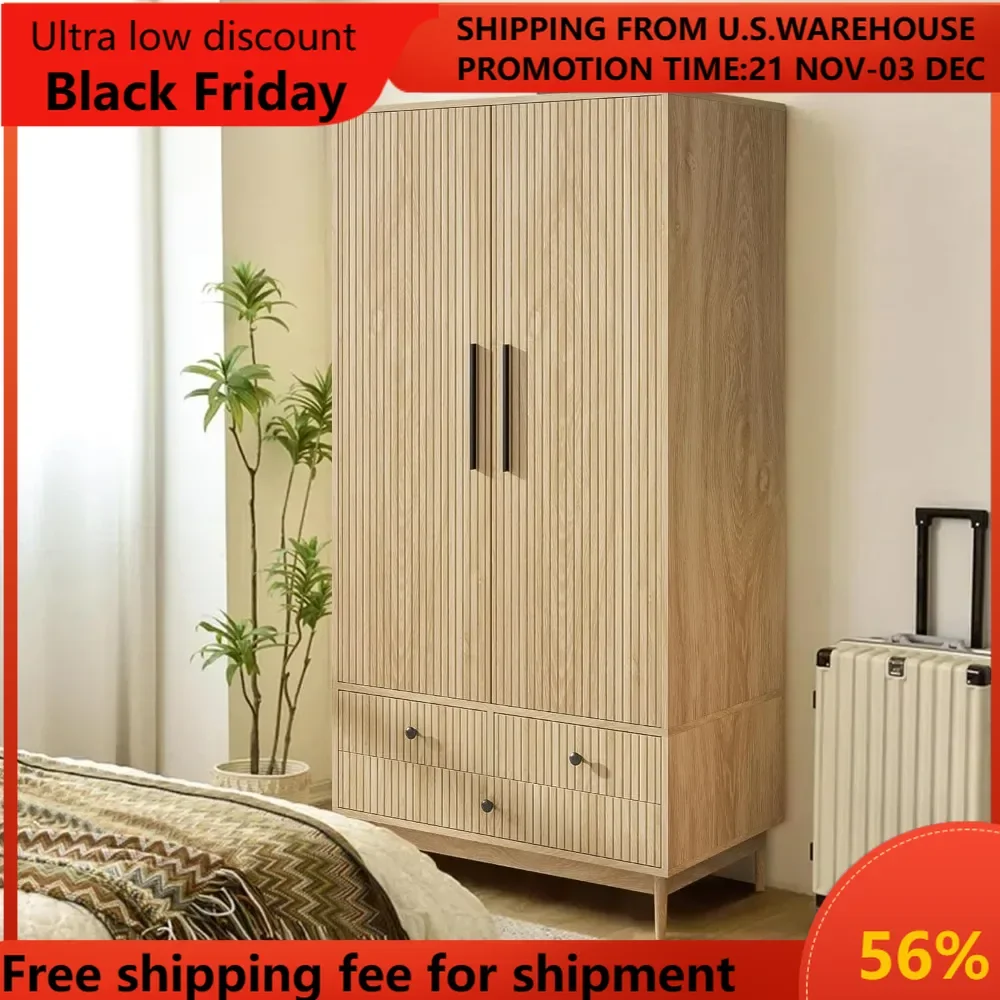 Armoire Wardrobe Closet with 2 Fluted Doors Wardrobe Cabinet with Shelves and Hanging Rod Freestanding Clost Modern Wooden Bedro