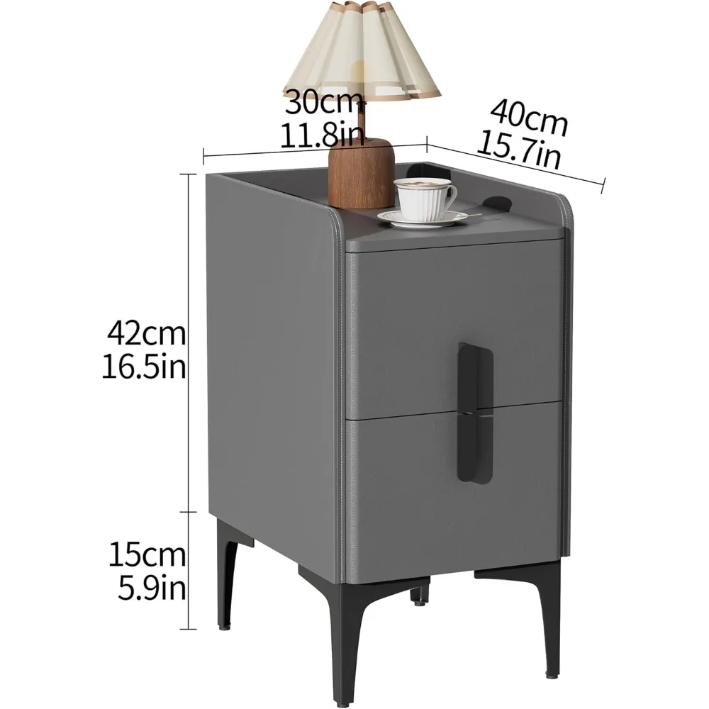 منضدة ضيقة مع درجين، سطح جلدي ضيق للطاولة الجانبية، طاولة بجانب السرير رفيعة لغرف النوم والمهاجع وغرف المعيشة #3