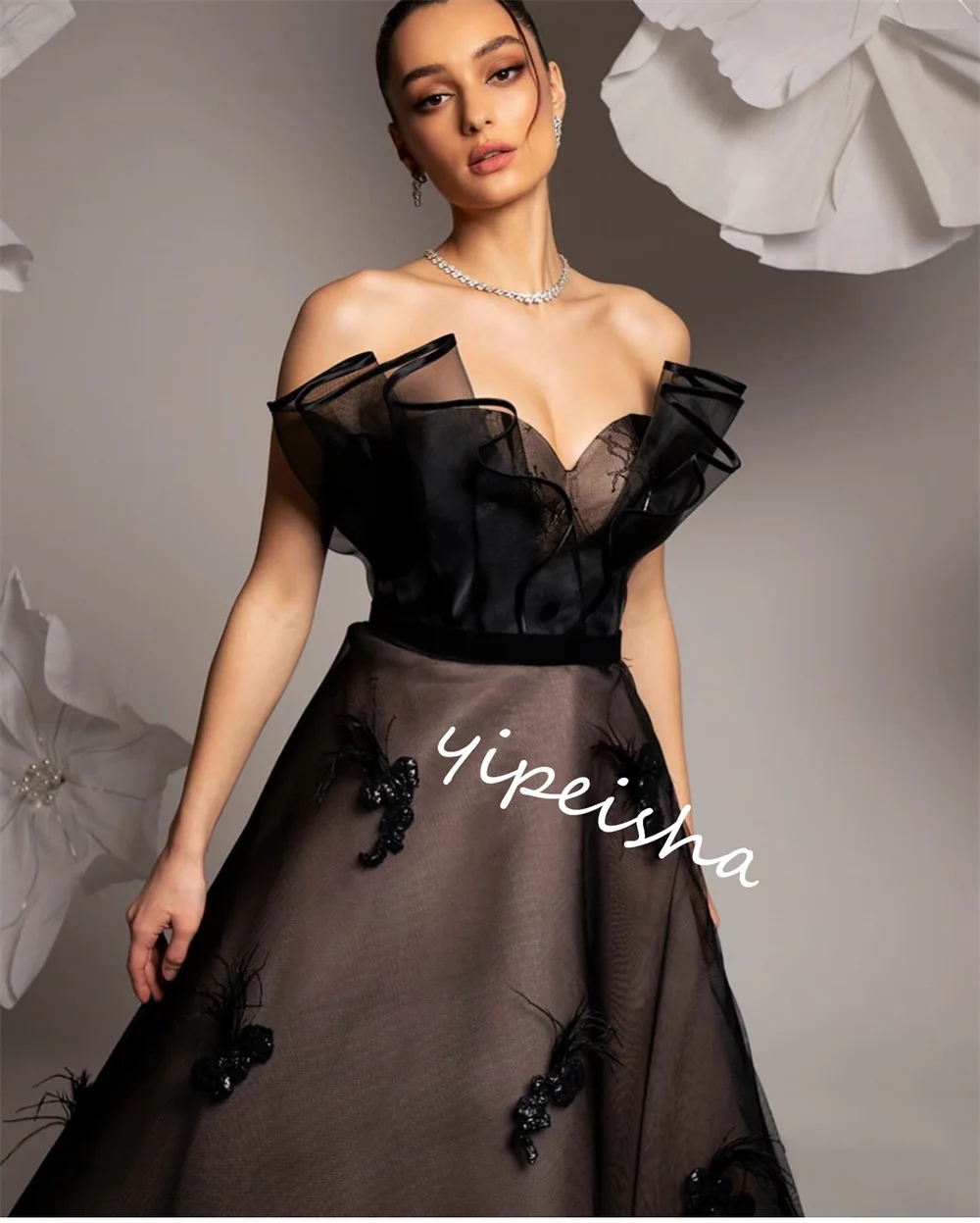 Jiayigong  Jersey Feather Beading Pleat Clubbing Ball Gown Strapless Bespoke Occasion  Long Dresses Saudi Arabia