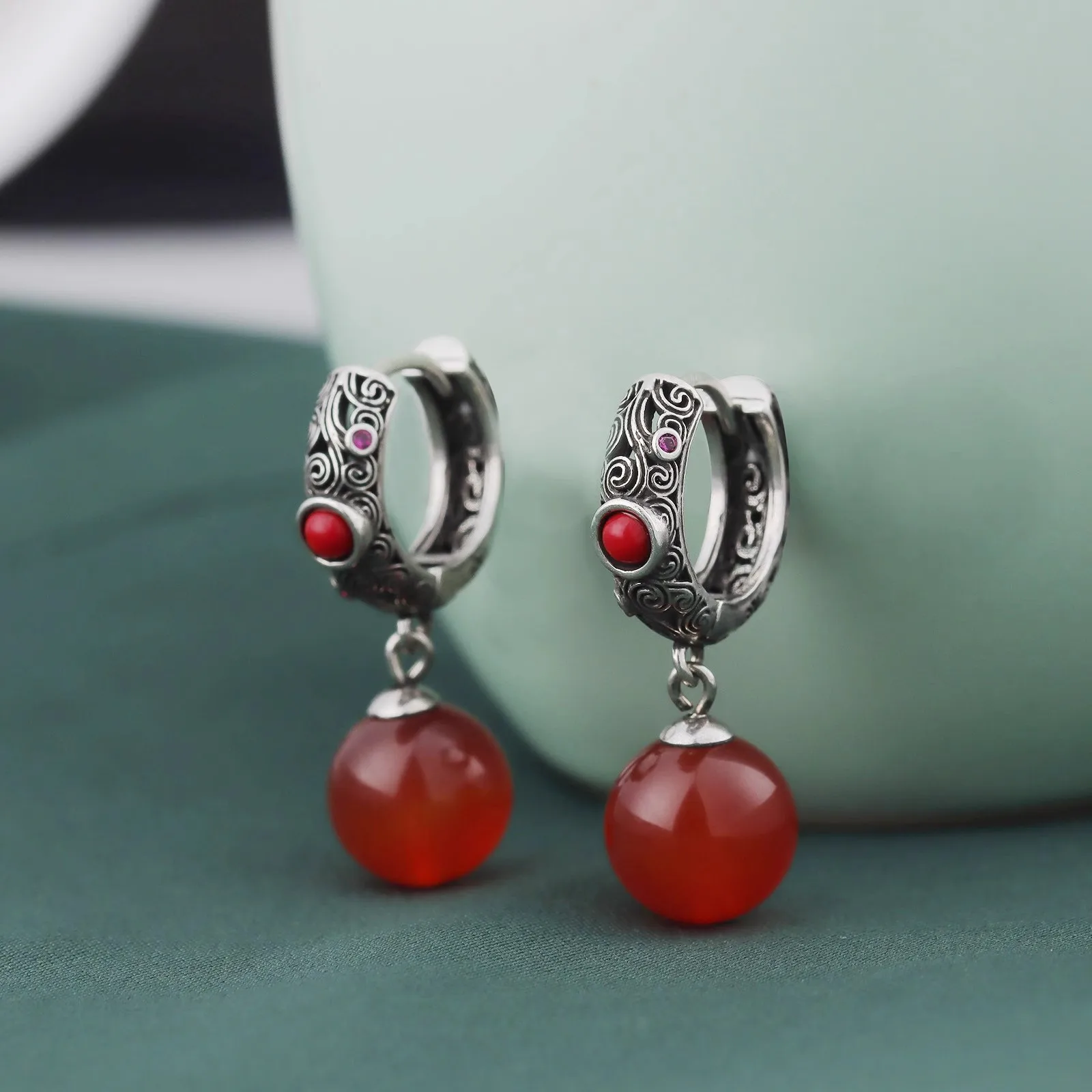 silver 925 retro auspicious cloud hollow out earrings for women classic red agate short round beads earring ethnic style jewelry