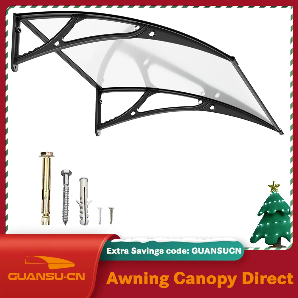 Window Door Awning Canopy Polycarbonate Cover Patio Door UV Rain Snow Sunlight Protection Solid Sheet Black Bracket