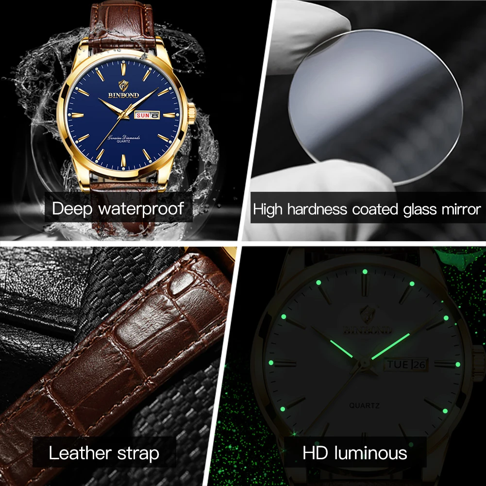 BINBOND Simple Fashion Men's Watches Leather Strap Mineral Glass Original Quartz Watch for Man Waterproof Luminous Date Week New