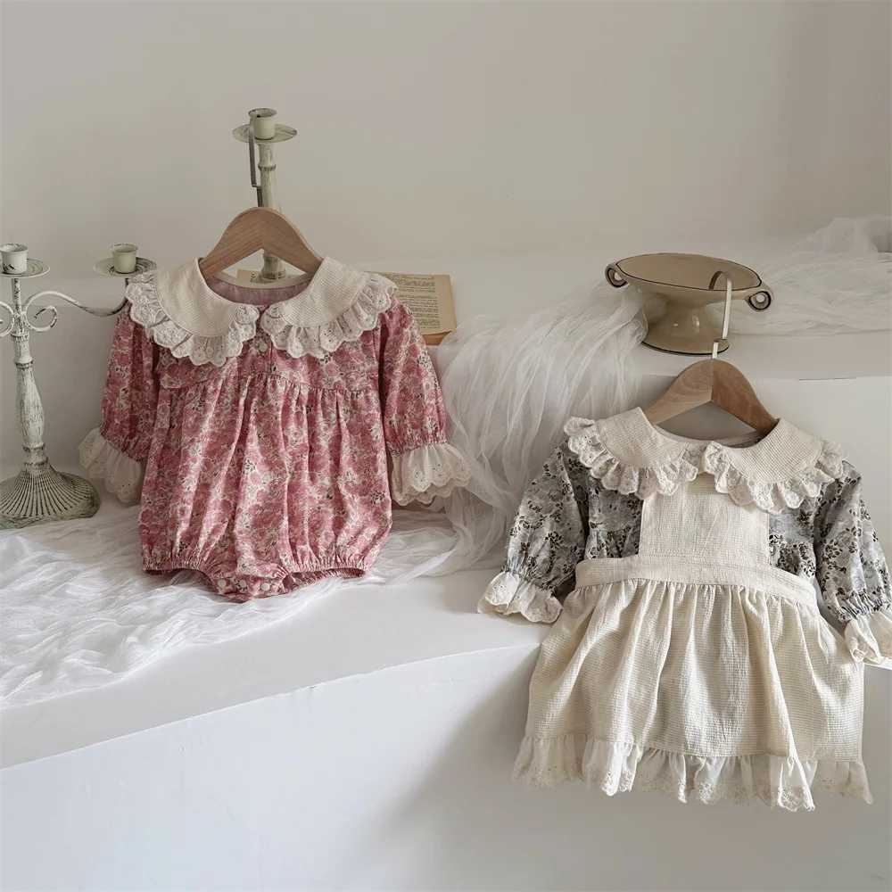 

2024 Autumn Newborn Baby Girl Clothes Floral Bodysuit Cotton Infant Peter Pan Collar Jumpsuit And Option Apron