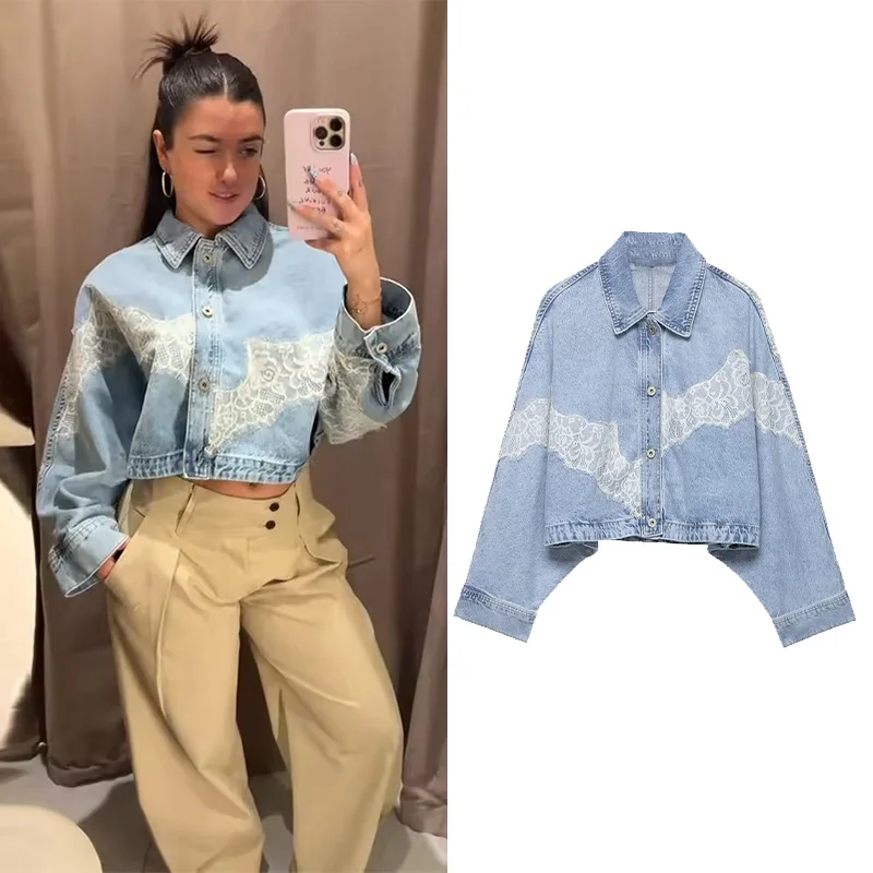 

Women's Cropped Lace Denim Jacket New 2026 Spring Long Sleeve Button Female Chic Outerwears High Street Lady Chic Tops