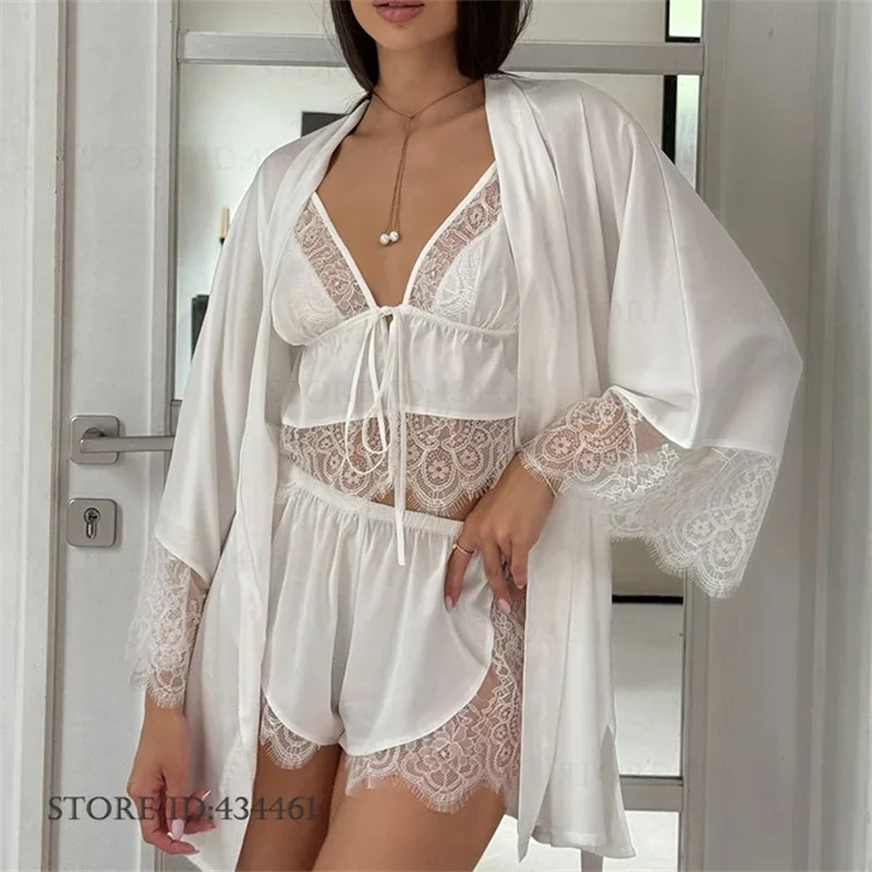 Sexy 3PCS Robe Pajamas Set Intimate Lingerie Patchwork Hollow Out Sleepwear Homewear Spring Summer New Silk Satin Nightwear
