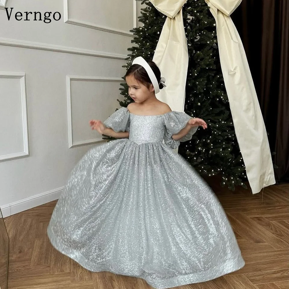 

Verngo Gray Shiny Girl Birthday Party Dress Short Sleeves A Line Princess Flowers Dresses Celebrity Kid Party Gown Customized
