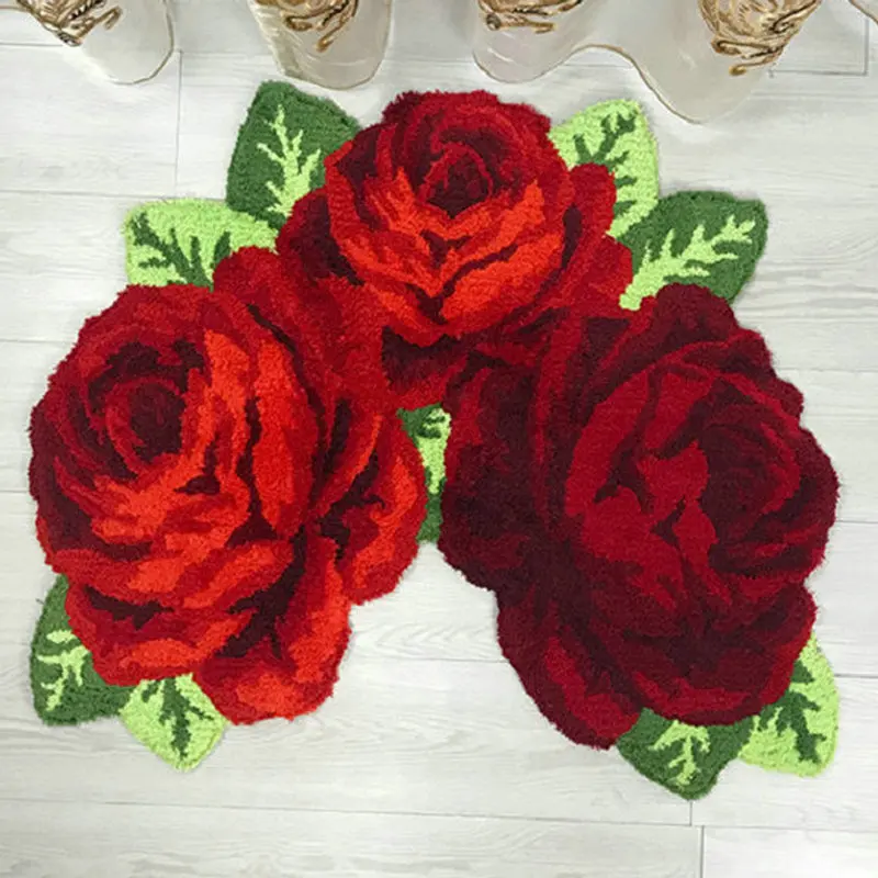 3D Rose Flower Floor Mat for Toilet Stool Soft Tufted Anti-slip Water Absorbent Closetool Decor Carpets Plush Irregular Rug