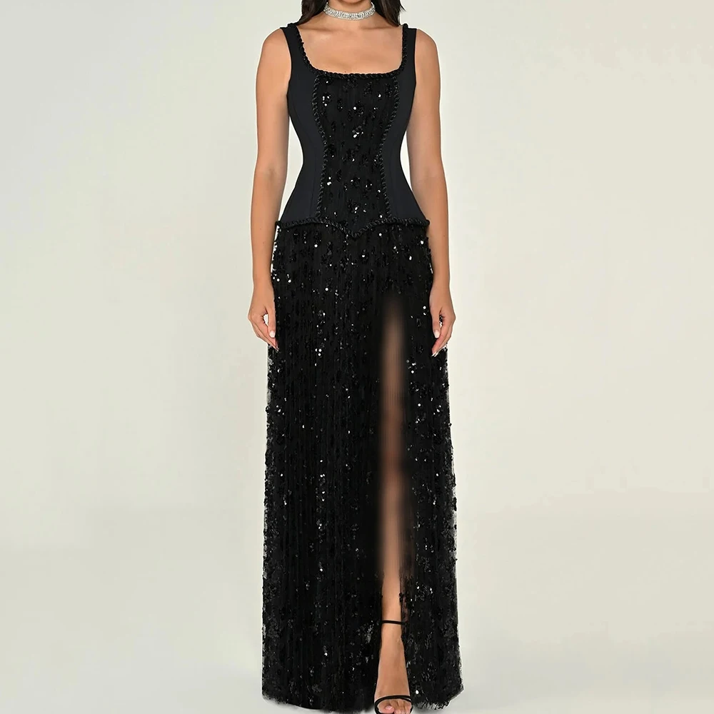 

Customized A-line Evening Dresses Floor-length Scoop-neck Sleeveless Prom Gown Fashion Sequined Side-split Draped Party Gown