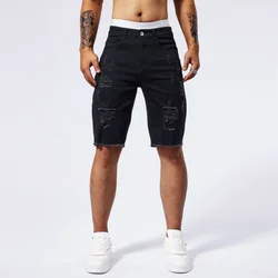 Retro washed nostalgic distressed denim shorts for men's summer slim fit stretch street fashion trend casual capris