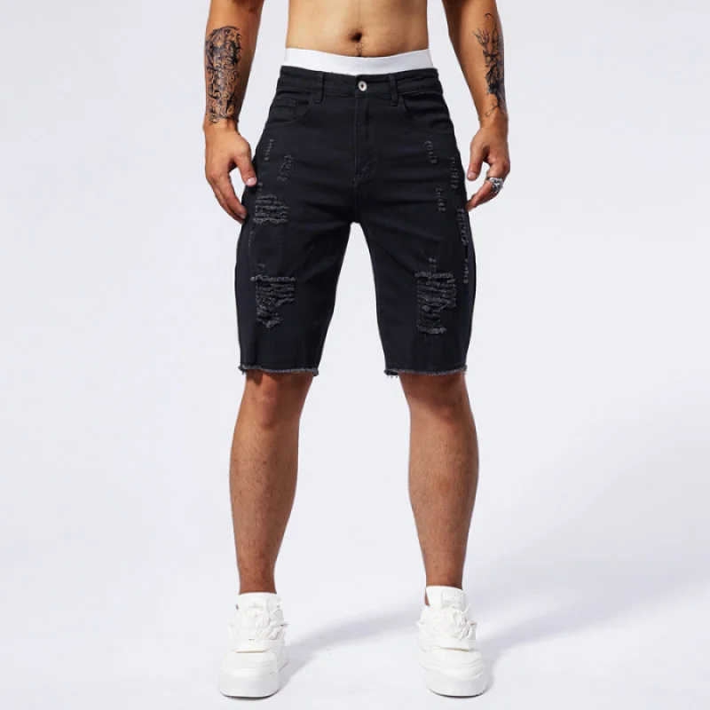 Retro washed nostalgic distressed denim shorts for men's summer slim fit stretch street fashion trend casual capris