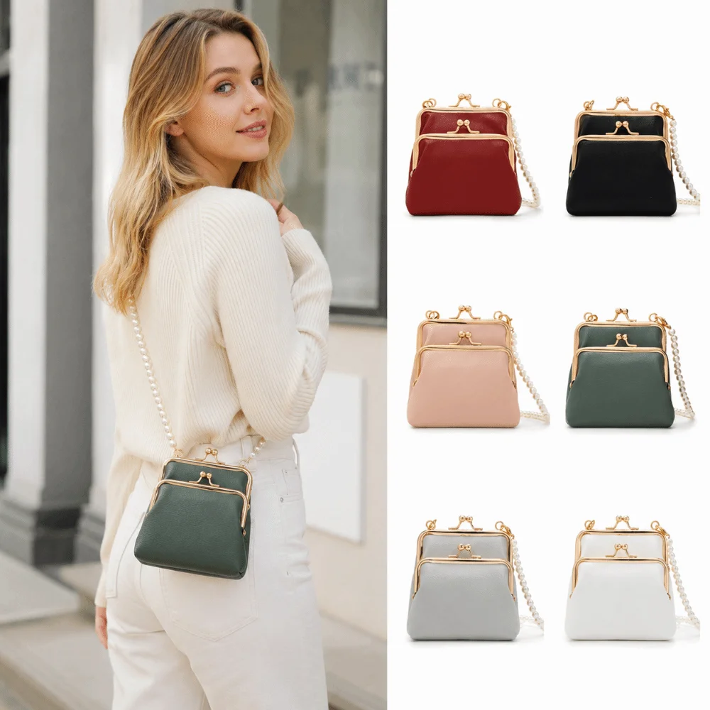 Double Layer Mini Crossbody Bag Pearl Chain Detachable Strap Shoulder Bag Clip Frame PU Leather Tiny Handbag For Dating Gift