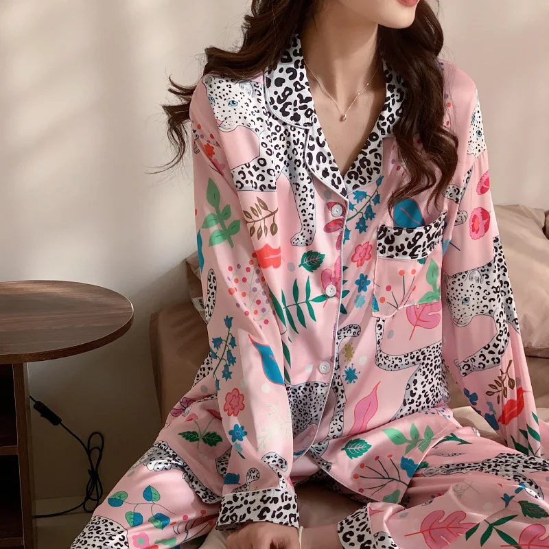 Cartoon Spotted Leopard Print Women Two-piece Pajamas Faux Silk Satin Cool Lady Sleepwear New Classic Pyjamas Female Housewear