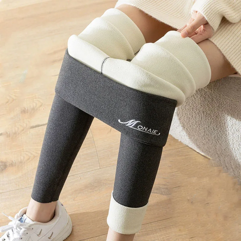 Winter Cashmere Leggings Women Letter Embroidery High Waist Plus Velvet Warm Leggings Woman Slim Stretchy Thicken Thermal Pants