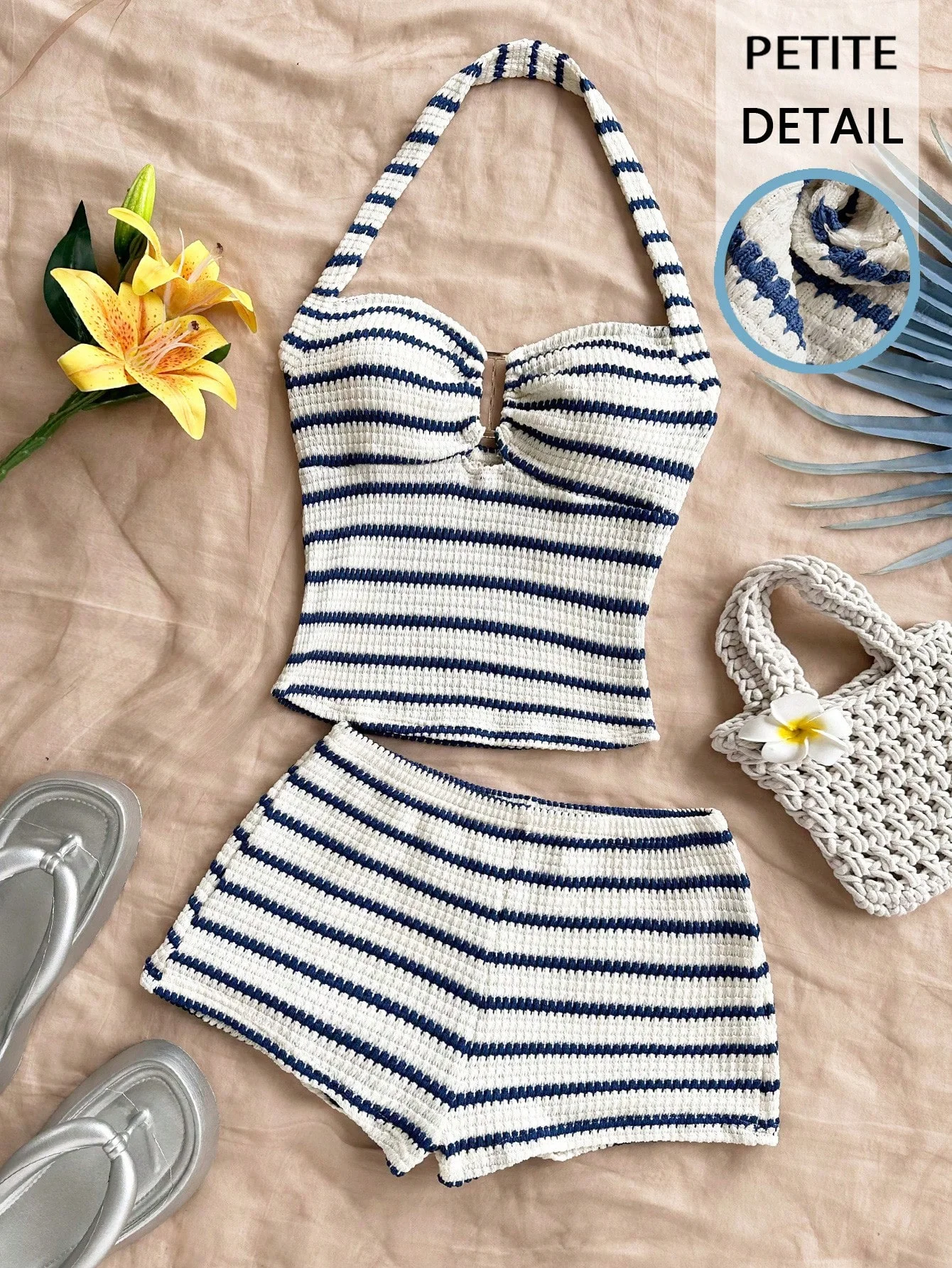 

Women's summer striped ruffled back top and shorts casual set, suitable for vacation and daily casual wear