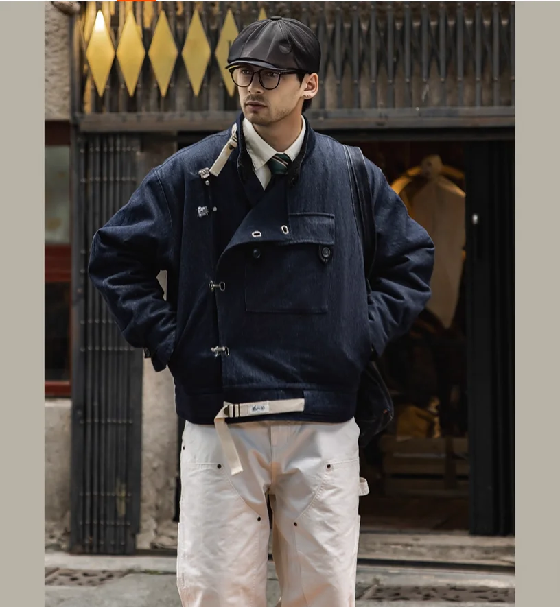 

Winter American retro denim motorcycle jacket men's cycling hunting outfit warm lamb wool jacket