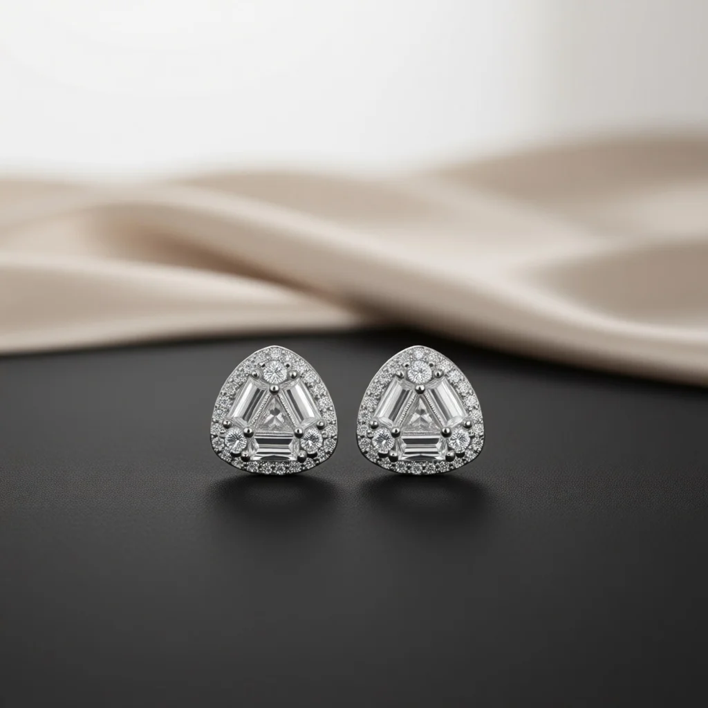 Glam Silver Tone Copper Stud Earrings for Women Triangle Outline Mixed Cut Clear Zircon Fashion Jewelry for Daily Party Matching