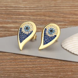 Nidin Trendy Lucky Turkish Evil Eye Colorful Zircon Stud Earrings For Women Water Drop Gold Plated Crystal Ear Jewelry Gift