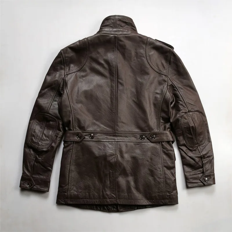 A men's stand-up collar leather with belt and multiple pockets made of cowhide