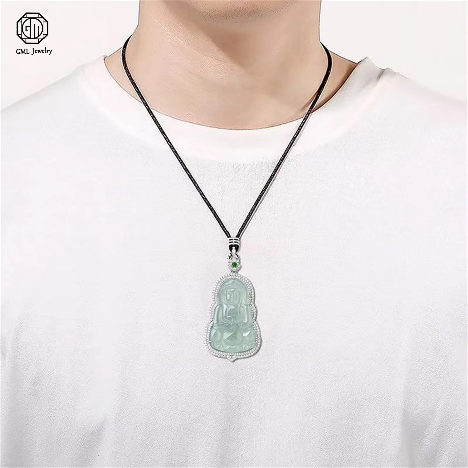 Natural Grade A Jadeite Blue Water High Ice Guanyin Pendant 925 Sterling Silver Unisex Men Women Gemstone Necklace Jewelry Gift