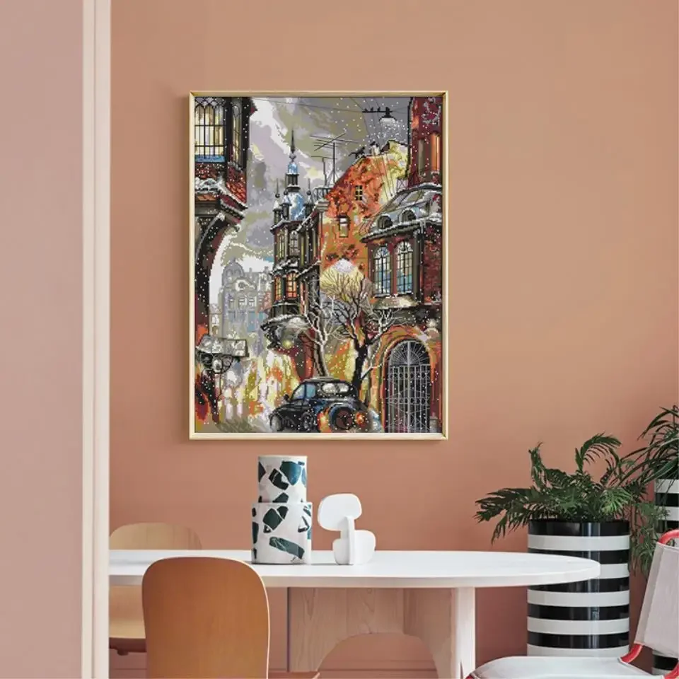 Chinese Cross Stitch DIY Landscape Pattern City Snow Pattern Happy Sunday Counting Cross Stitch Kit Home Decoration Handmade Kit
