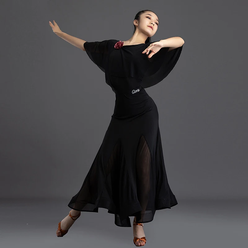 Womens Ballroom Dance Dress Adults Black Mesh Long Skirt Set Waltz Prom Competition Training Wear Dance Practice Dress XH1290