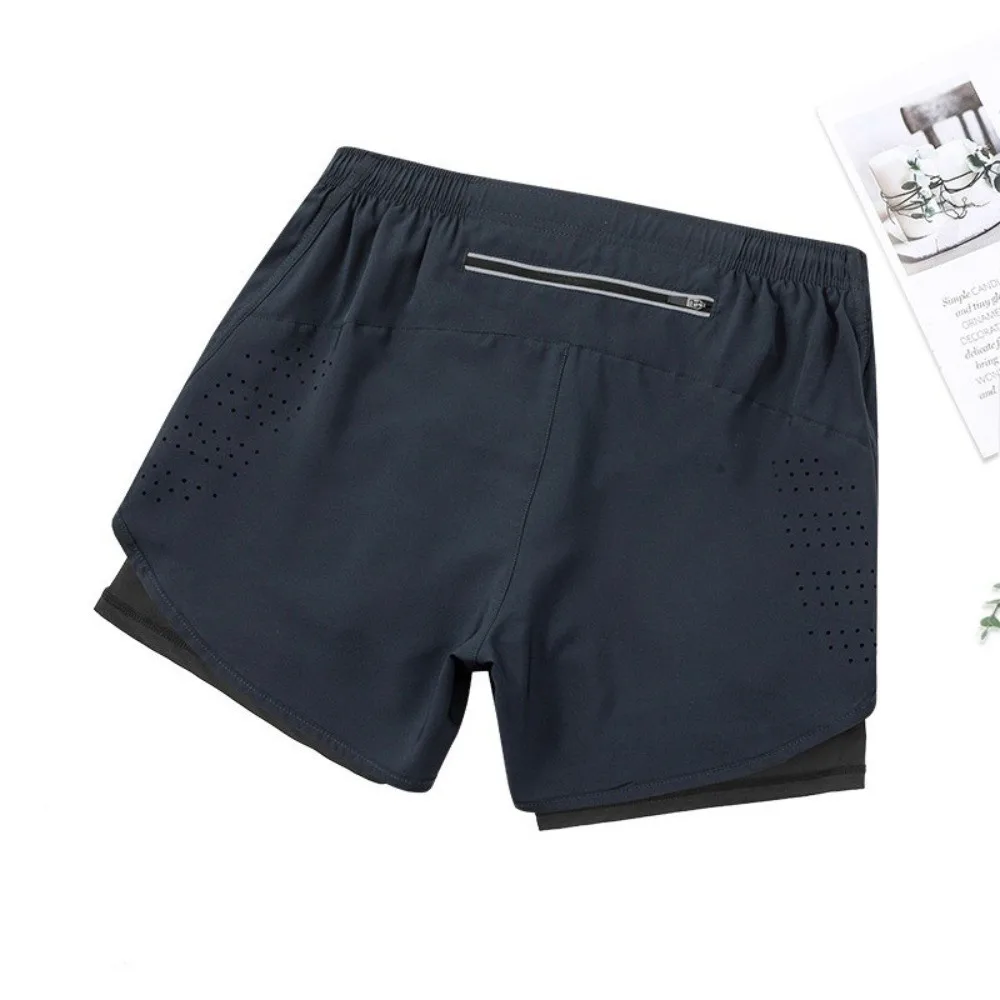 

Washable 2 in 1 Sports Shorts Quick Dry with Pocket Men's Sportswear Reflective Stripe with Liner Cycling Shorts Summer