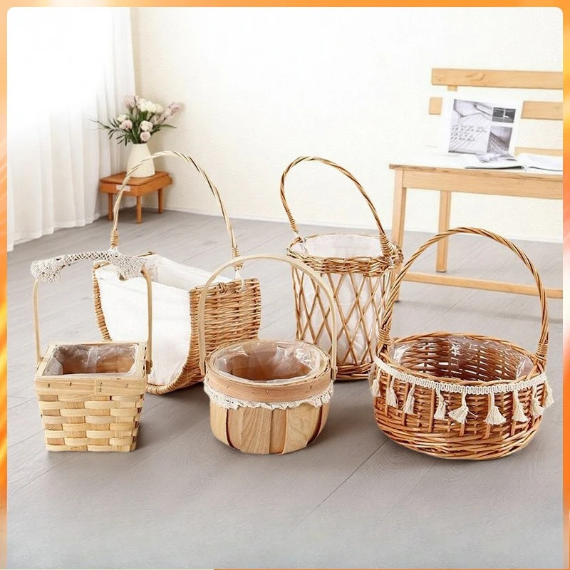 

LH pastoral woven flowers portable flower basket storage indoor bamboo woven basket rattan bamboo basket