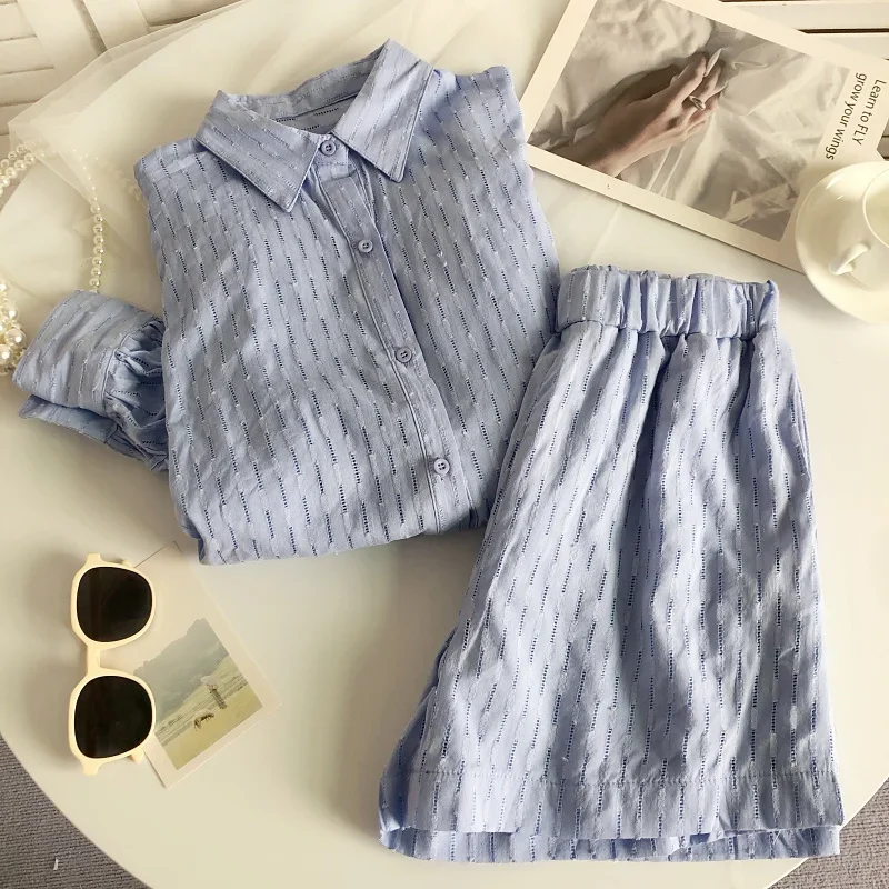 Lente Losse Shorts Sets Vrouwen Shirt Jacquard Bubble Mouw Tops Shorts Forens Pak Vrouwen Casual Wit Tweedelige Sets Vrouwen