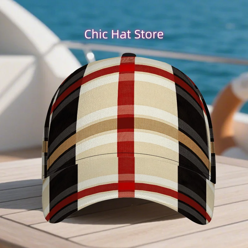 1pc of a Classic Baseball Cap Featuring a Beige And Red Plaid Design - an Adjustable Duckbill Hat That Is Lightweight, Making It