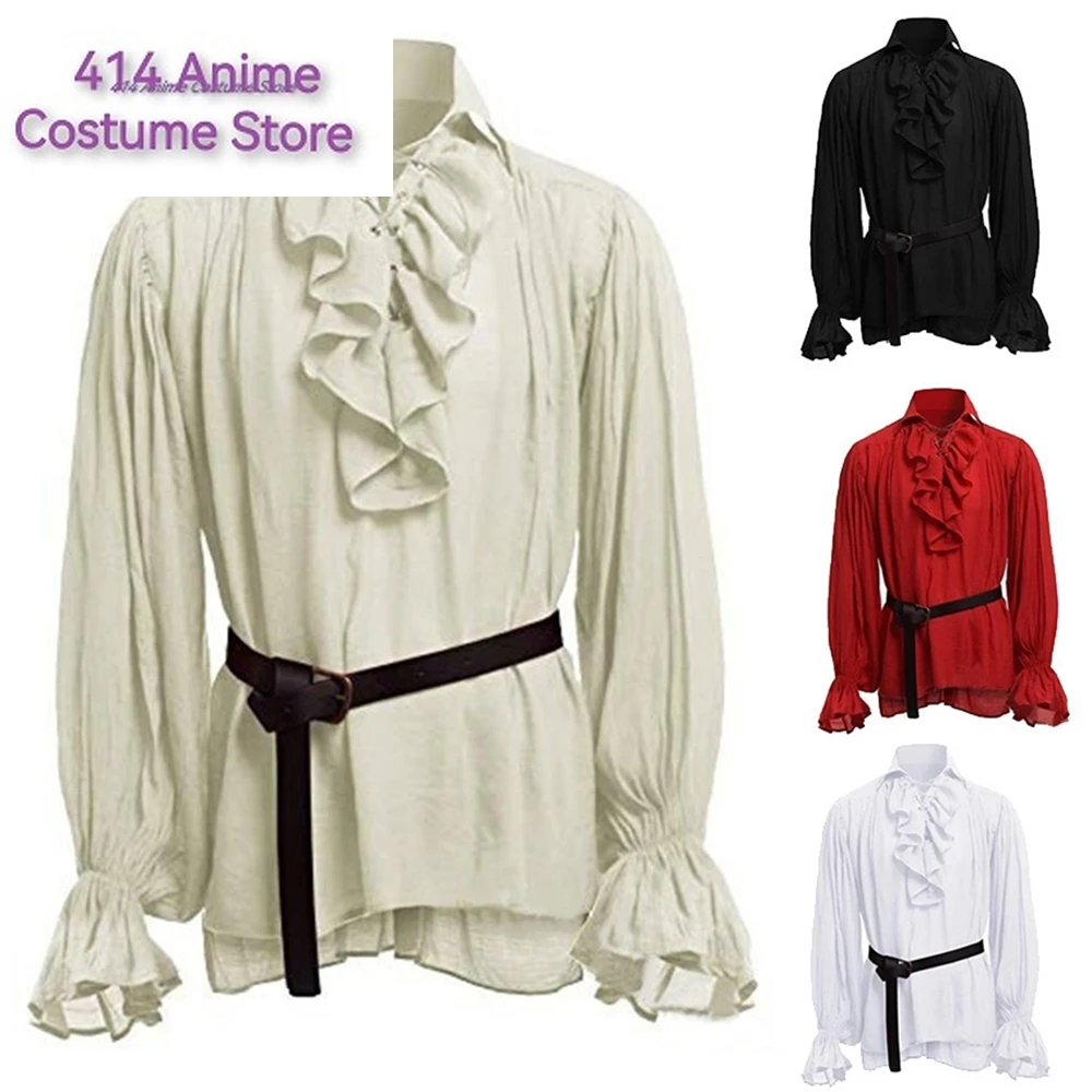 Medieval Viking Halloween Costumes Autumn Casual Shirts Steampunk Cosplay Bandage Long Sleeve Ruffled Shirt Gothic Blouse Tops