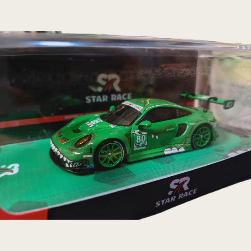 Model Porsche 911 GT3 R 80, odlew ze stopu, skala 1/64, SR Diecast #   Zielone pojazdy zabawkowe dla chłopców, prezent, oryginalne opakowanie