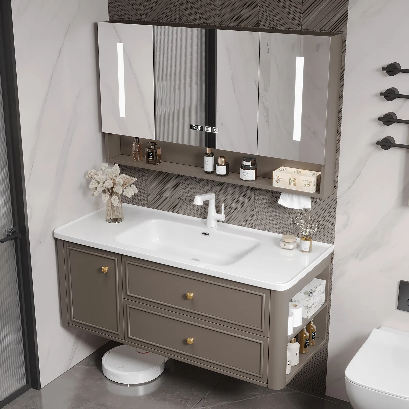 Ceramic integrated basin rounded corner bathroom cabinet combination bathroom cream wind washbasin bathroom customization