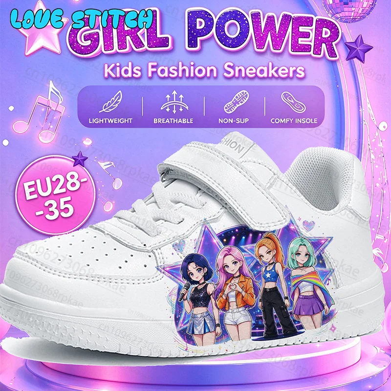 2027 Pop‑Style Cartoon Girl Group Print Fashion Kids Girls White Sneakers Breathable Soft Comfortable Outdoor Footwear