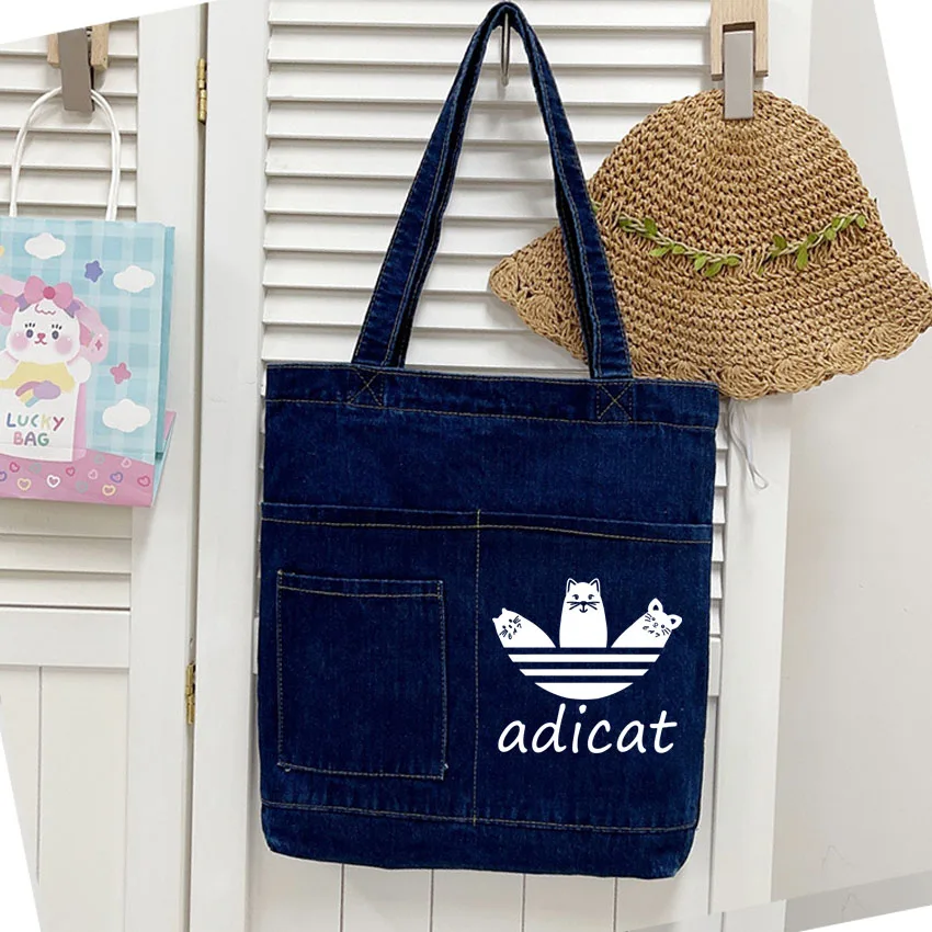 

New Handbags Casual Shopping Bags for Women Soft Denim Tote Bag Cartoon ADICAT Printing Messenger Big Mummy Shoulder Bag Ladies