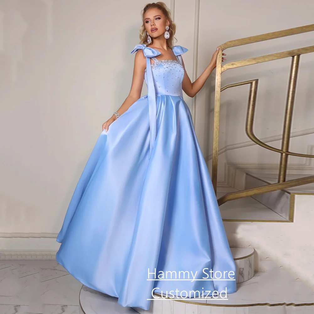 

Modern Evening Dress Customized Sleeveless Square Neck Beading A Line Satin Formal Party Gown Dancing Prom Dresses