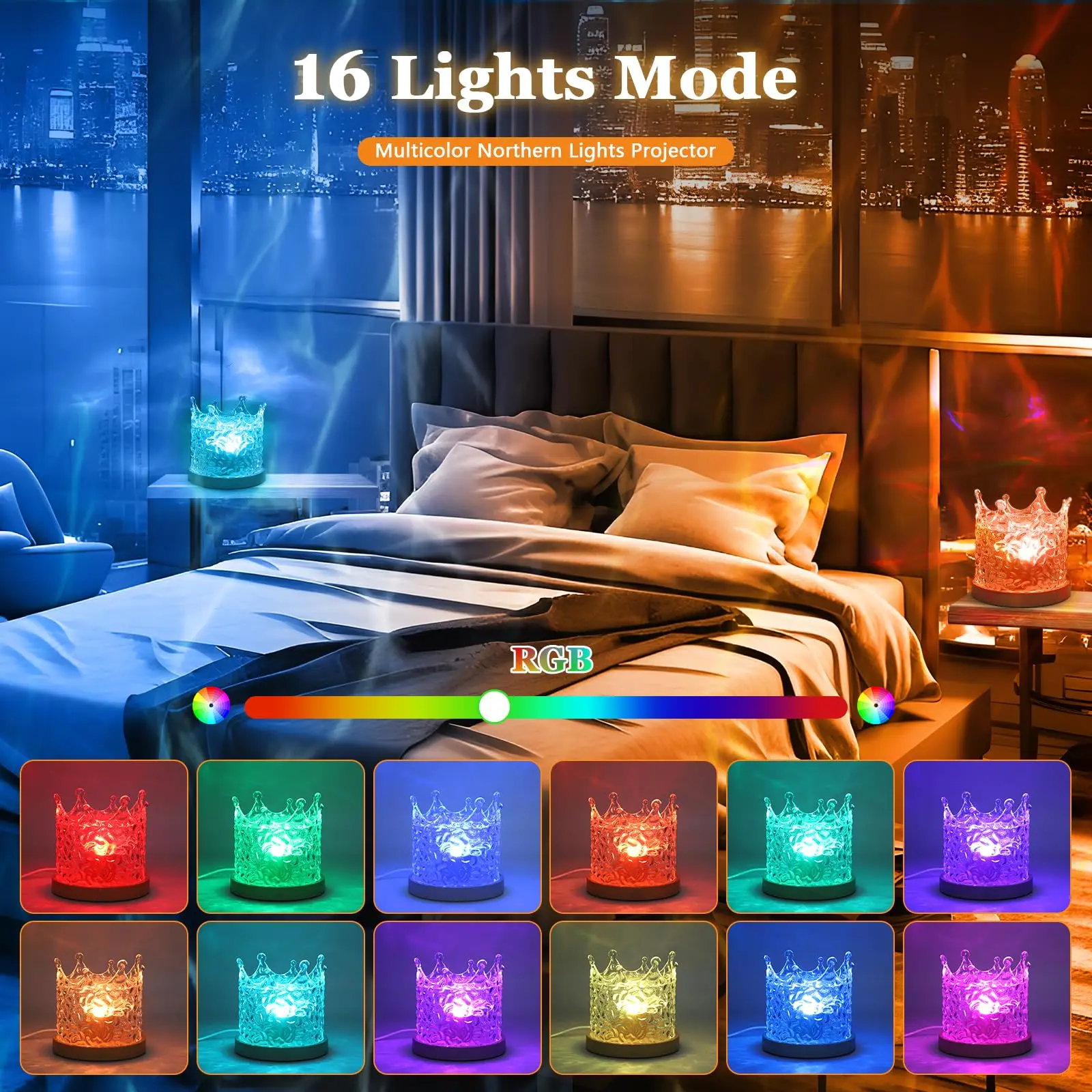 Crown Northern Lights Ocean Wave Projector Crown Light, 16 Colors Gradual Rotating Water Ripple Lamp, Wave Night Light with Remo