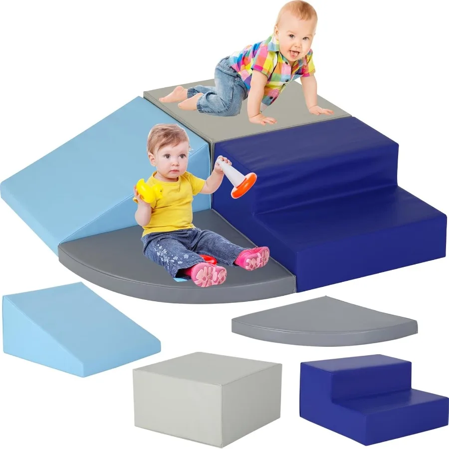 

Indoor Playground Climbing Toys for Toddlers 1-3 Years 4-Piece Soft Foam Blocks with PU Leather Blue Safe Non-Slip Crawling and
