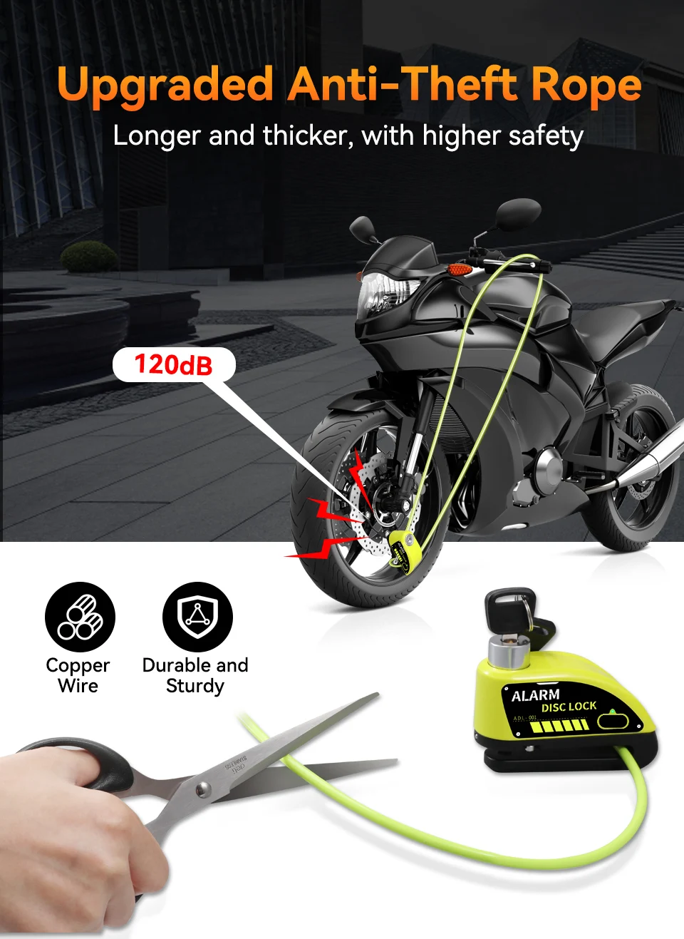 Extra ctme Motorrad Alarm Scheiben brems schloss Sicherheit Moto Rad scheibe Vorhänge schloss wasserdicht 110db laut Diebstahls icherung Alarma Motocicleta