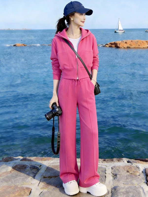 

Women's Sporty Short Coat And High Waist Wide Leg Pants Two-Piece Set Casual Comfortable Spring Fashion in Pink And White