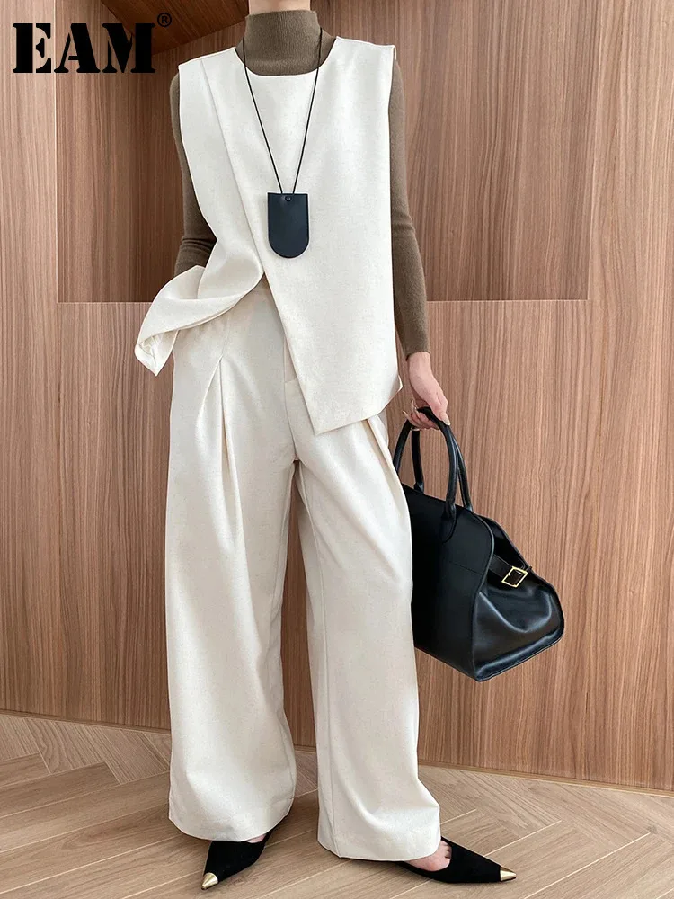 [EAM] Big Size Irregular Vest Wide Leg Pants Two Piece Suit New Round Neck Sleeveless Women Fashion Tide Spring Autumn 2024 00