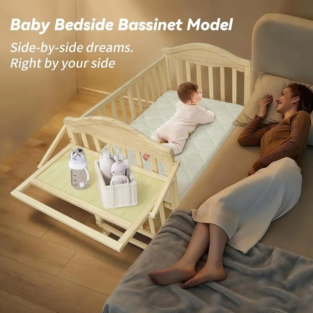 Kompaktes tragbares Kinderbett mit Wechseltisch und Matratze, Babywiege aus Holz 2025, Wieg für kleine Räume, unbemalt