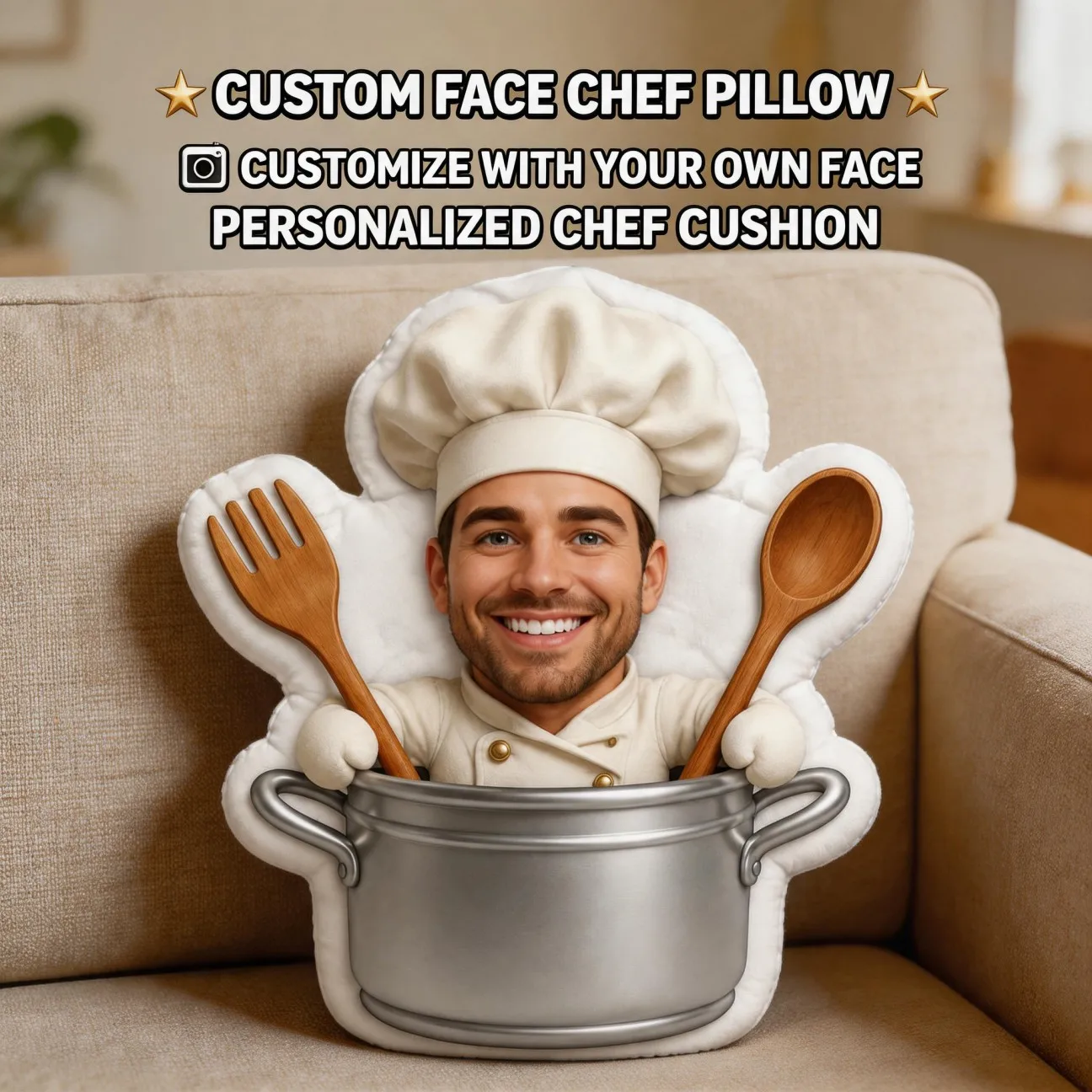 Custom Chef Photo Shaped Pillow, Personalized Cooking Face Decorative Cushion, Unique Home Decor Accent for Sofa & Bedroom, Funn