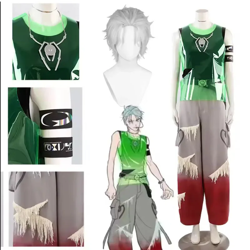 

Alien Stage R 7 Till Cosplay Costume Green Vest Cargo Pants Uniform Suit Wig Black Armbands Accessories Christmas Party Men