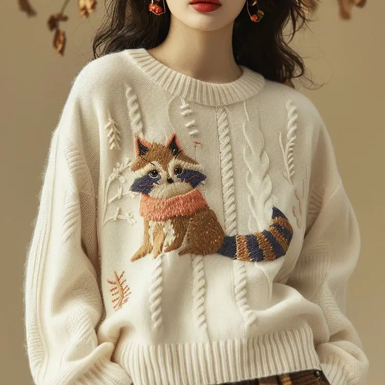Свитер с круглым вырезом для тяжелой промышленности с вышивкой «Красная панда», женский осенне-зимний свитер 2025 года, новый мягкий восковой вязаный свитер высокого класса