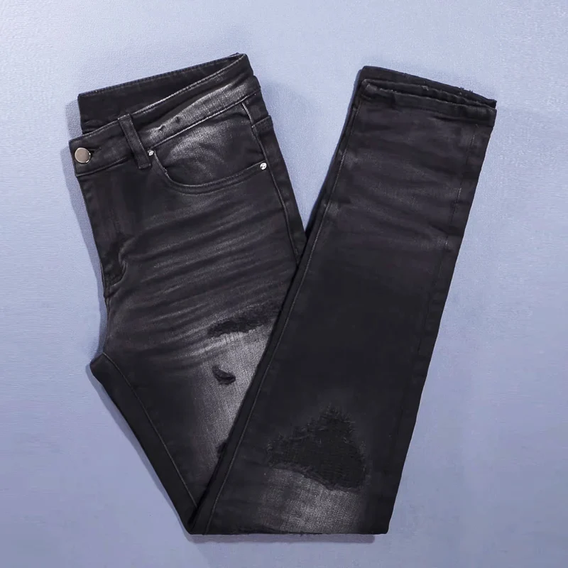 

Fashionable new men's black jeans with scratches, pleats, washed, nostalgic, elastic, slim fit, hip-hop brand pants y2k