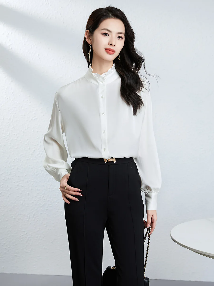 윈슬레터-19MM 92.3% 실크 7.7% 스판덱스 우아한 셔츠, 스탠드 러플, 여성 기품 출퇴근 블라우스, 2025 가을 신상 T59333CC