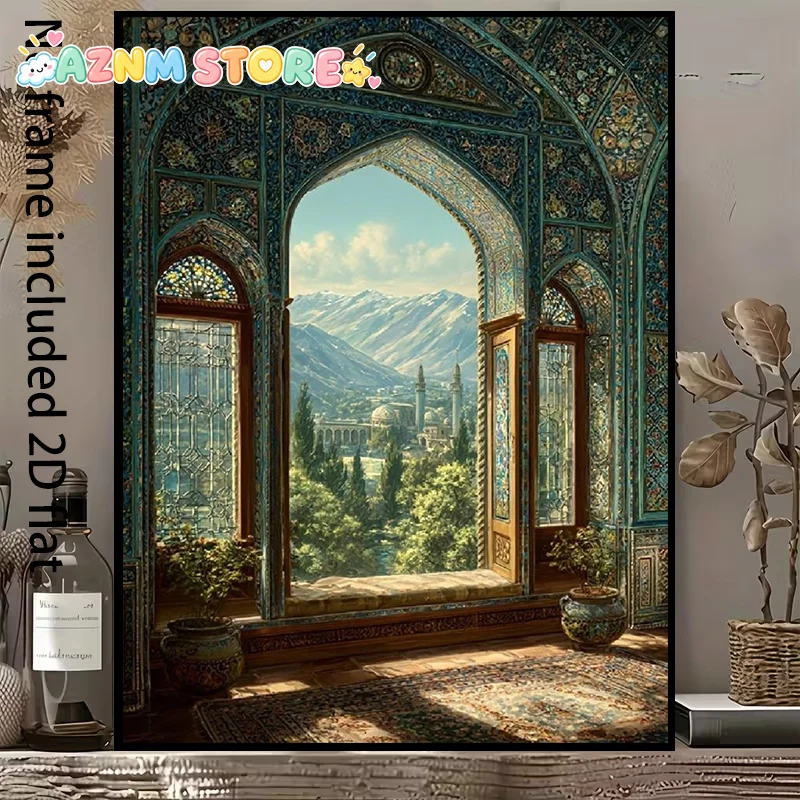2027, , []  Decorative Canvas Painting Exquisite Islamic Style Arch Window And Snow Mountain Landscape Canvas, Showcasing The