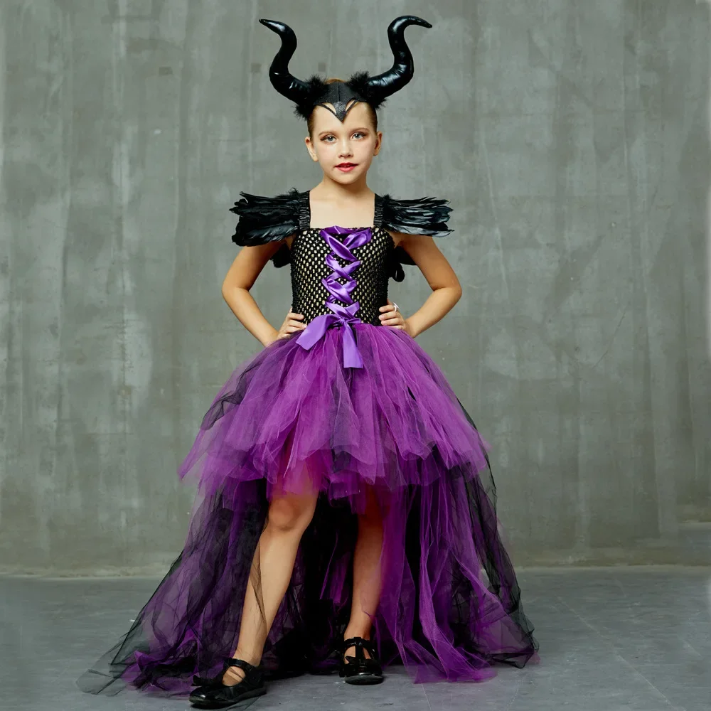 Kinder-Federkleid mit Schulterverzierungen, Gothisches Kleid für Mädchen, Lila-Schwarzes Netz-Tüllkleid für Halloween-Verkleidungspartys – Detail 4