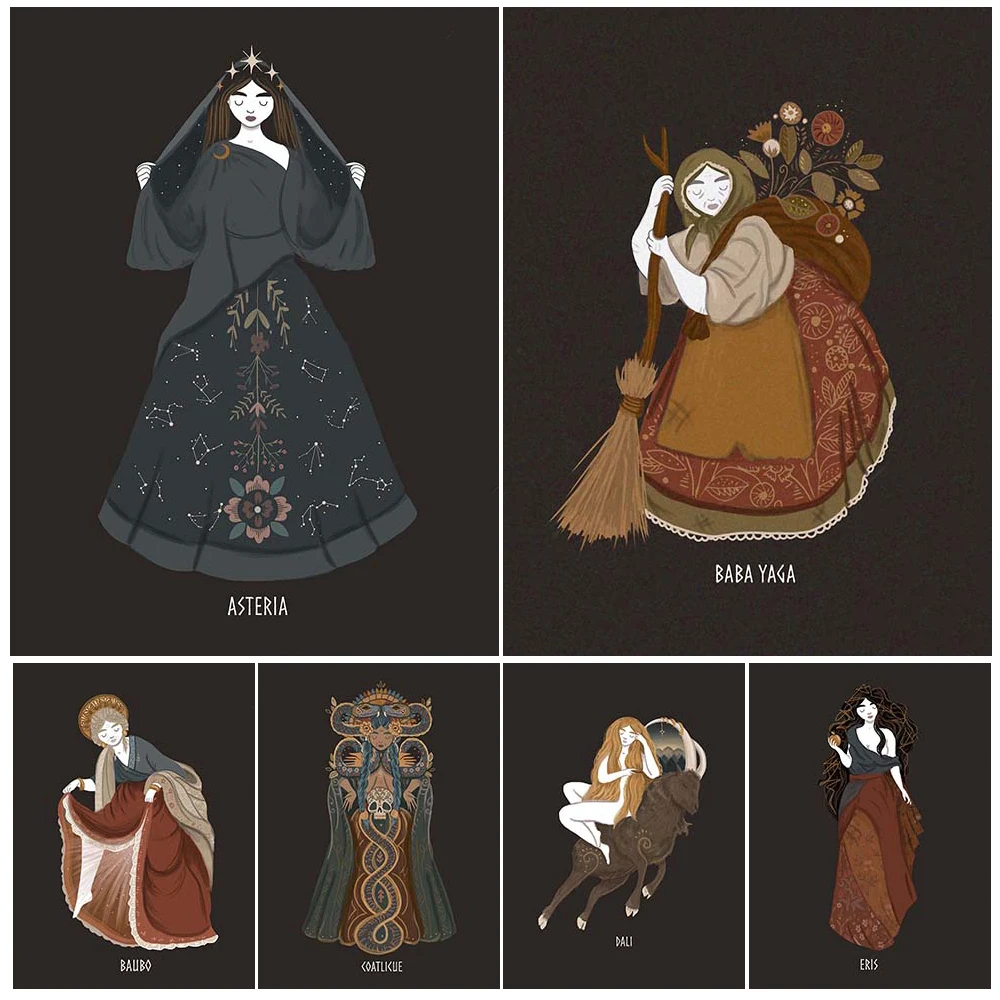 Baba Yaga bruja,Gaia,Eris y Asteria diosa Vintage arte de pared lienzo impreso pagano Wiccan mitología griega arte cartel impresión Decoración